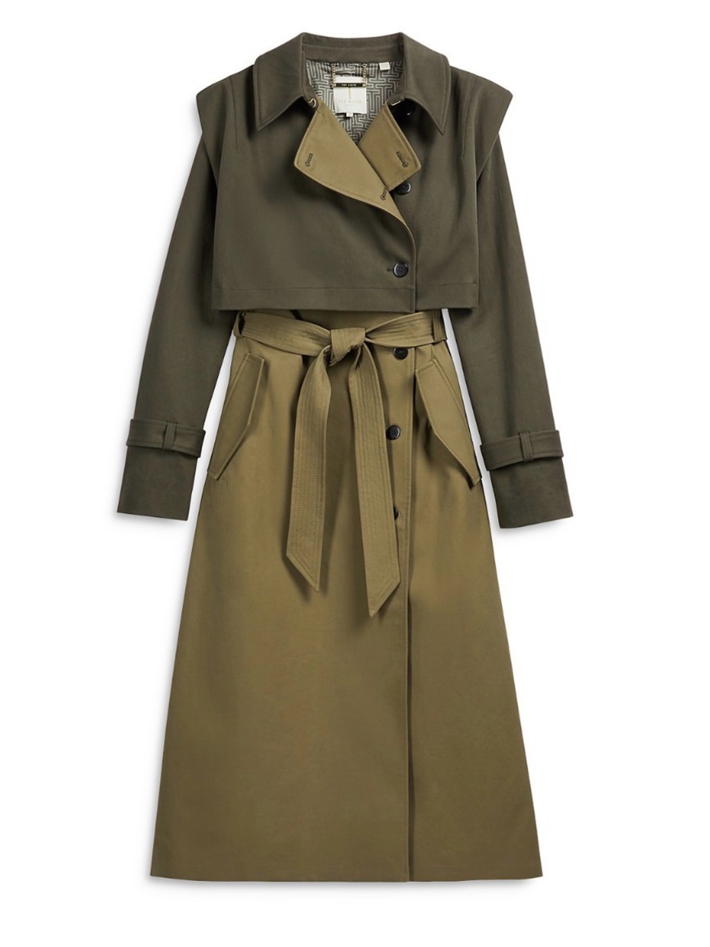 Ted Baker Olive Army Green Colorblock Cotton Overlay Trench Coat 14 NWT